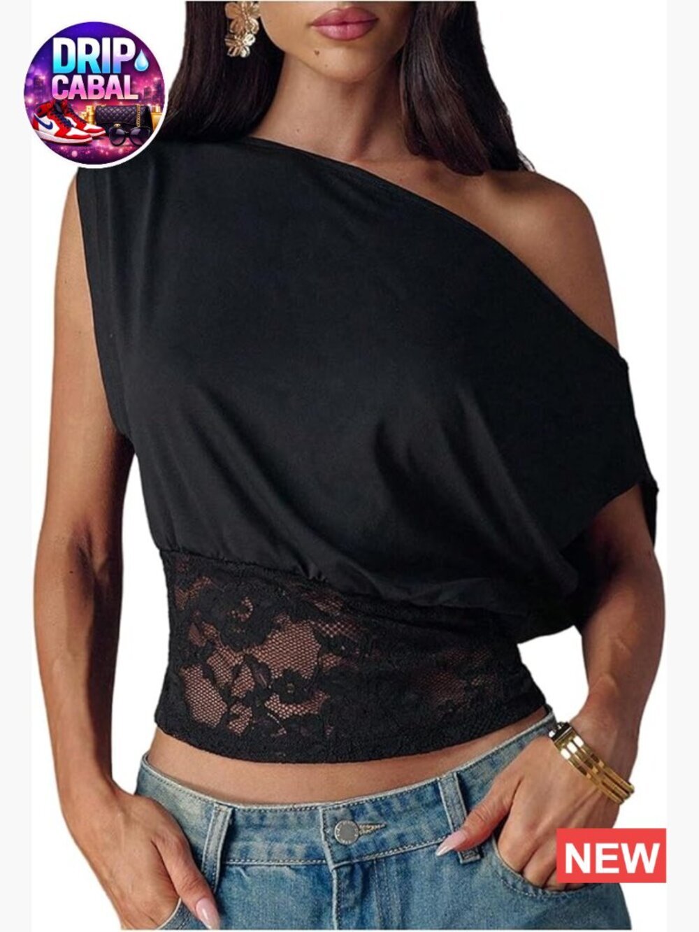 Off Shoulder Lace Crop Top Dolman Sleeve Asymmetrical Going Out Tee